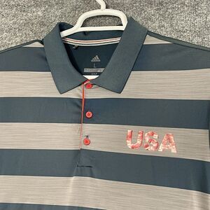 Adidas Polo Mens Large Official USA‎ Golf Ultimate Rugby Striped Blue Gray PGA